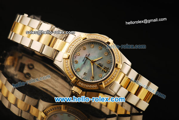 Tag Heuer Aquaracer Swiss ETA Quartz Movement Gold Bezel with Diamond - Blue MOP Dial and Two Tone Strap - Click Image to Close